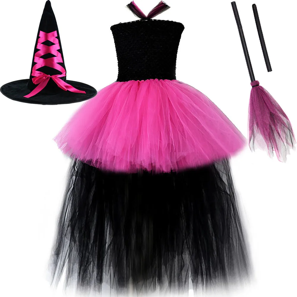 

High Low Witch Halloween Costumes for Girls Hot Pink Black Trailing Tutu Dress with Hat Broom Children Outfit Princess Ball Gown