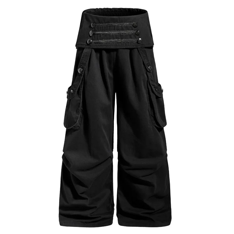 Men's Fashion Cargo Hip Hop Pants With Multi Pockets Loose Fit Vibe Style Y2K Trousers Personality Design Wide Leg Bottoms