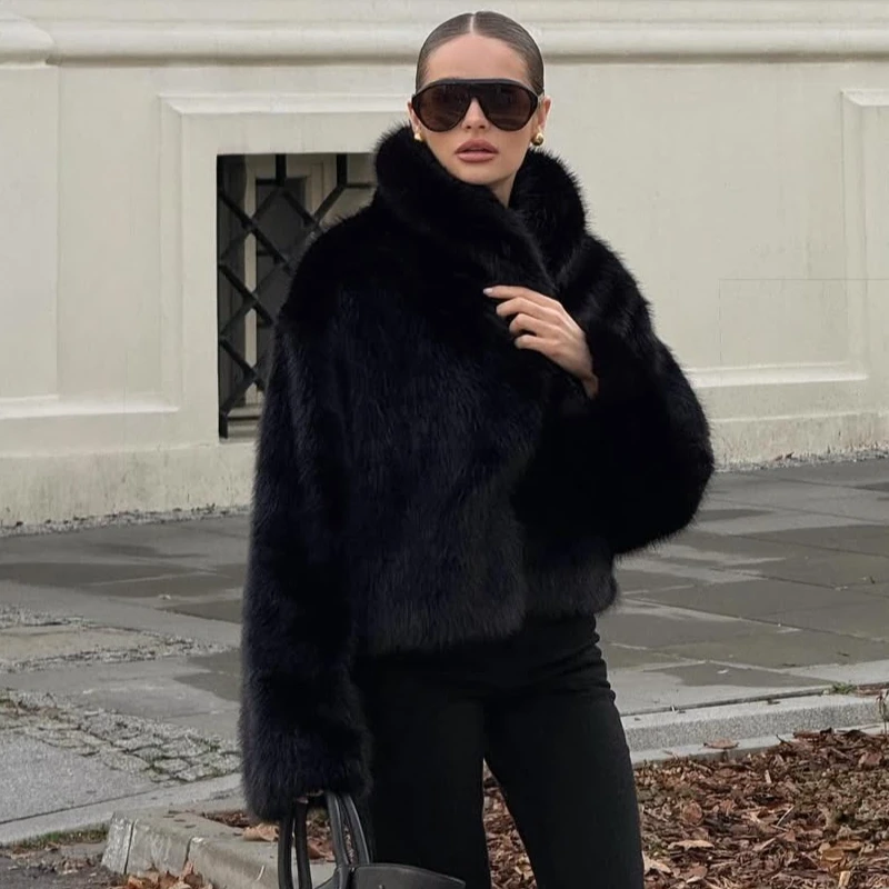 

TARUXY Sumptuous Lapel Fur Coat Women's Fashion Fox Fur Faux Fur Long Sleeves Fluffy Solid Short Winter Keep Warm Jacket Female