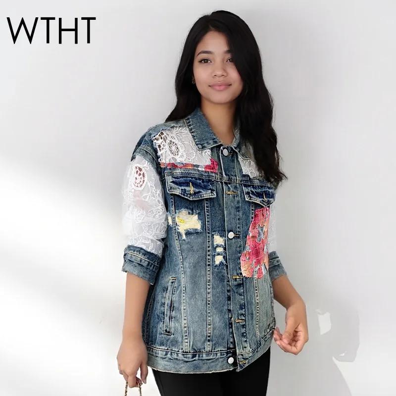 

WTHT Trendy New Women's Hollow Out Lace Contrast Color Denim Jacket 2026 Spring Fashion Lapel Long Sleeves Coat Female 1LS2804
