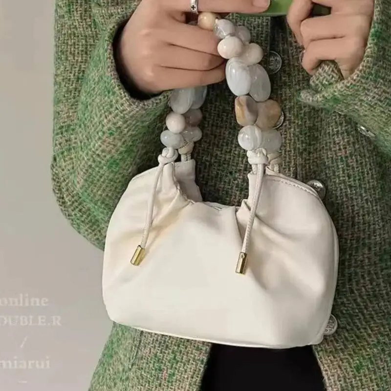 Bloom Elegant White Hand Purses Women Vintage Leather Beading Messenger Bag Female Haruku Casual Crossbody Bags Purse