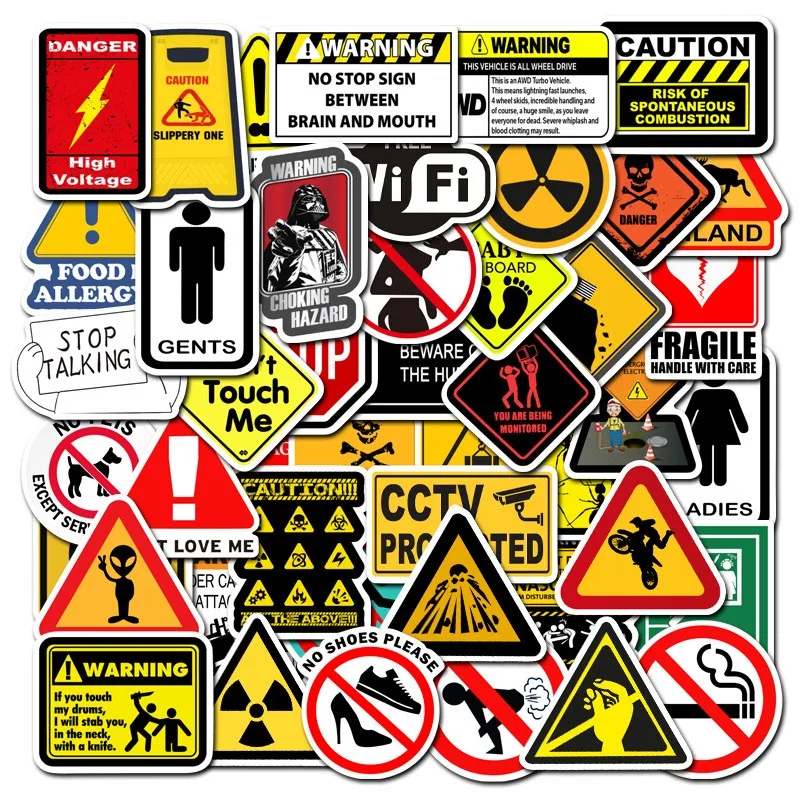 50PCS Warning Stickers Danger Banning Skateboard Fridge Guitar Laptop Motorcycle Travel Classic Toy Cool Decals Sticker