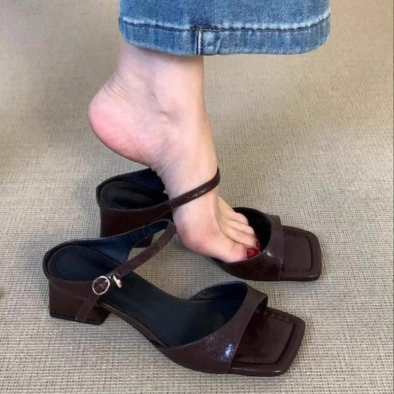

Women's Shoes 2025 New Concise Buckle Strap Square Heel Women's Slippers Fashion Peep Toe Versatile Large Size Modern Slippers