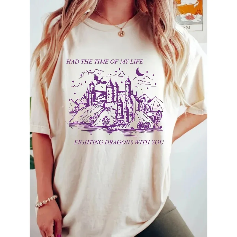 Castle Print crew neck T-shirt, casual short sleeve t-shirt for Spring & Summer, women's clothing