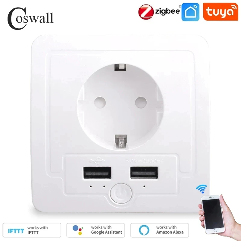 Coswall Zigbee 3.0 Tuya Wall EU Socket 2 USB Charging Port Independent Control Timer Switch Programmable With Alexa Google Home