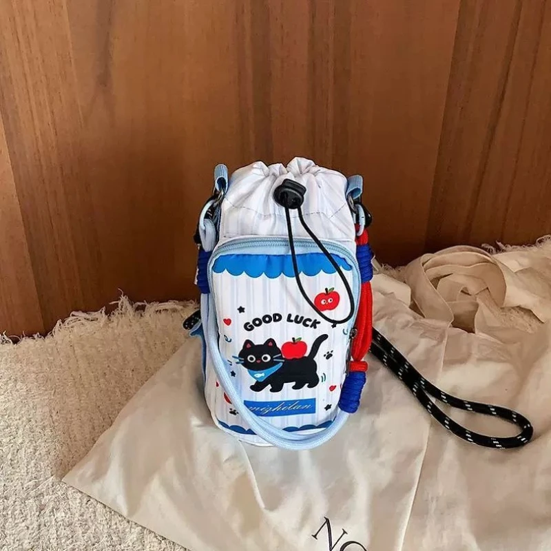 Cat Bear Light Blue Brown Pink Plaid Star Drawstring Water Bottle Holder Crossbody Sling Cute Dog Patch Portable Shoulder Bag