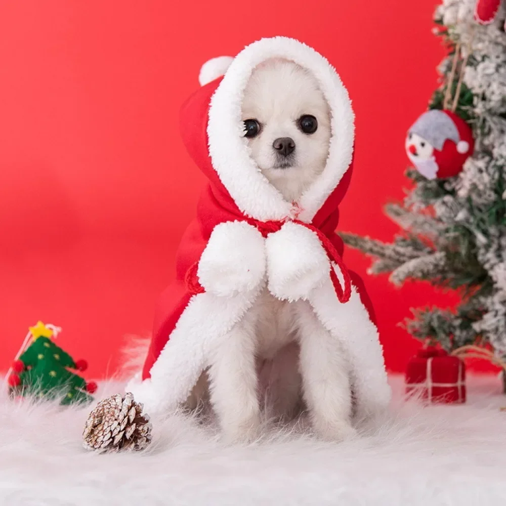 Santa Claus Cosplay Costume Dog Christmas Pet Hooded Cloak  Puppy Hoodie Coat Soft Plush Warm Cloak Robe for Xmas Party Cat Hat