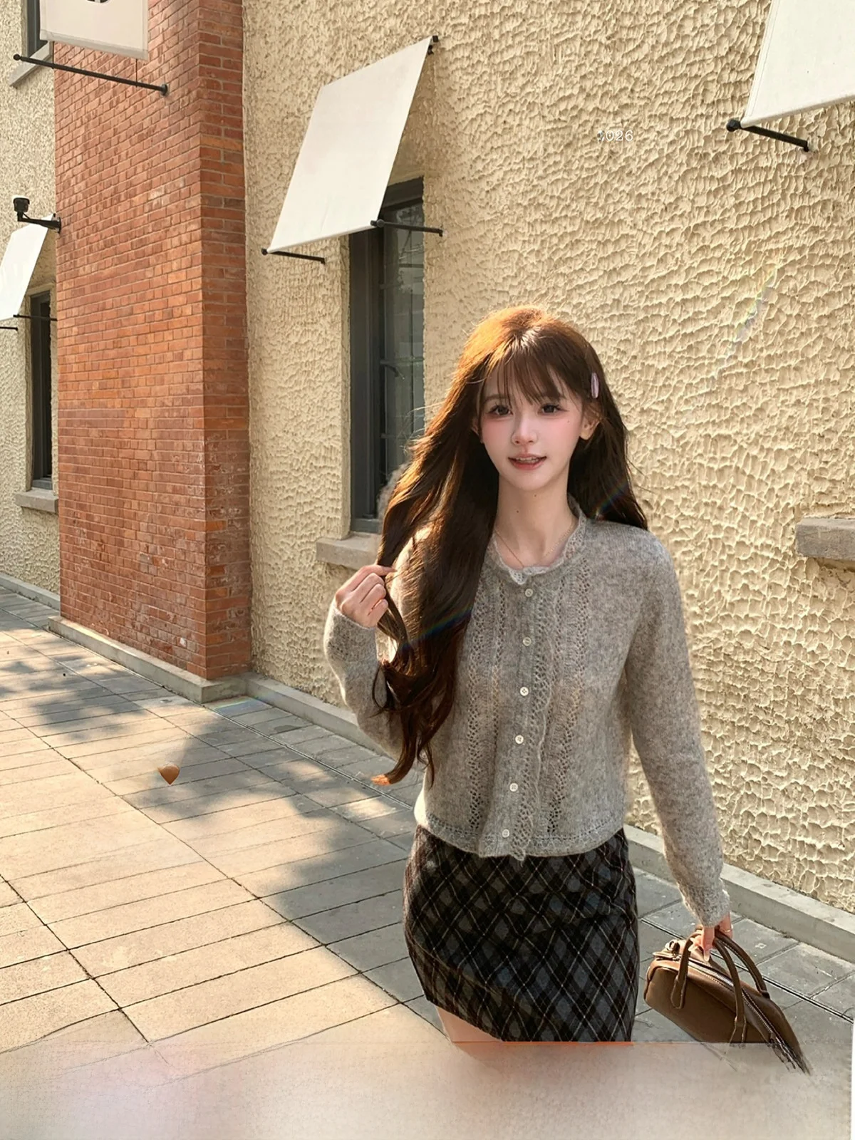 

Юбка ThePeachOfficial с высокой талией, А-силуэт, женская, винтажный дизайн с ромбовидным узором, из смесовой шерсти, повседневная короткая юбка