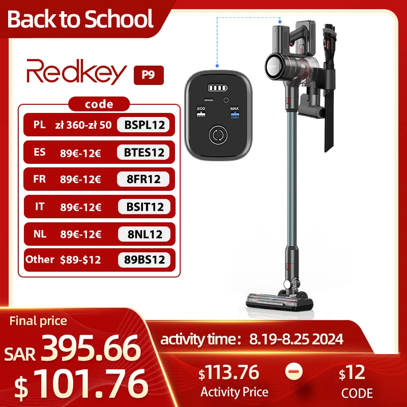 BTES12（89€-12€）Redkey-aspiradora inalámbrica P9 30kPa, 4 en 1, 350W, filtros HEPA dobles, batería desmontable, pantalla LED