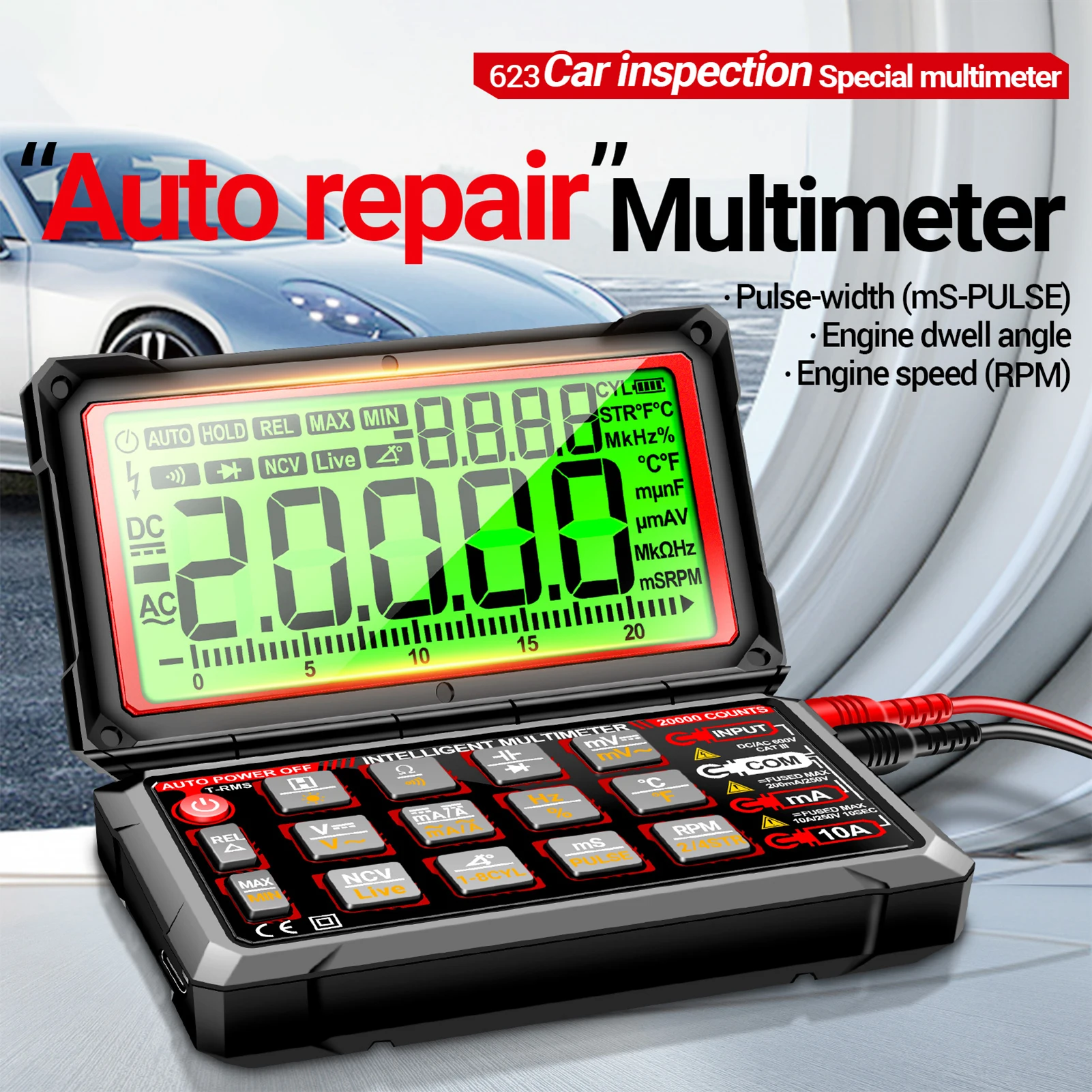 ANENG 623 Car Multimeter Digital Multimeter 20000 Counts RPM mS PLUSE Engine Dwell Angle Measure NCV Detection AC/DC Voltage