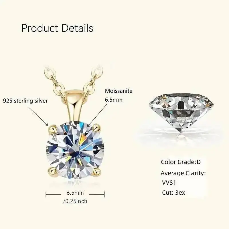 Ty 6,5 mm 1 Karat D Moissanit Solitär-Tropfenhalsketten, 18 Karat vergoldeter Anhänger, original echte 925er Silberkette, Schmuck für Damen – Detail 7