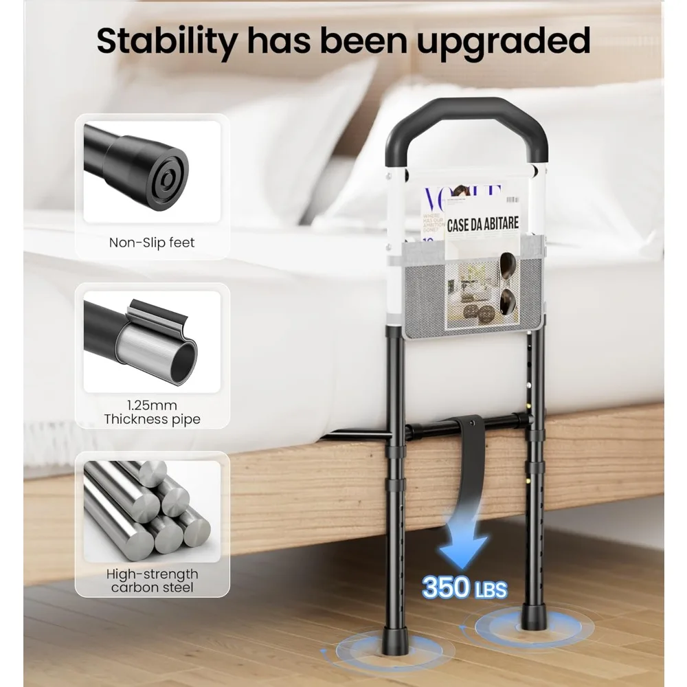 Riel de seguridad para cama ajustable para personas mayores con bolsa de almacenamiento, soportes de 350 libras, se adapta a camas de doble a king, negro
