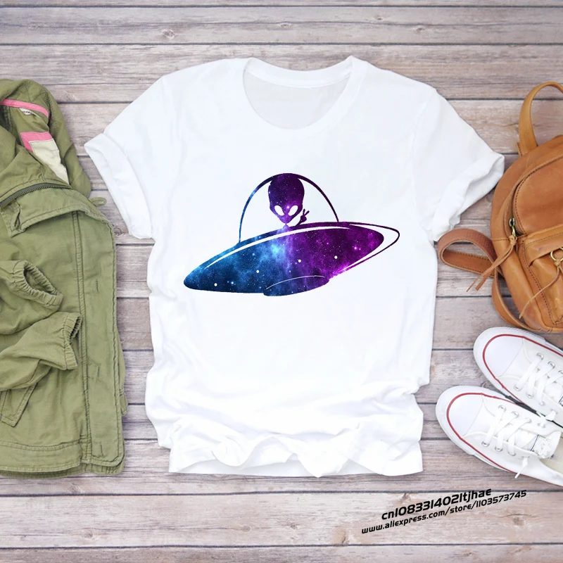 Women Cartoon Alien Space Printing Short Sleeve Clothing Summer Shirt T-shirts Top T Graphic Travel Ladies Womens Tee T-Shirt