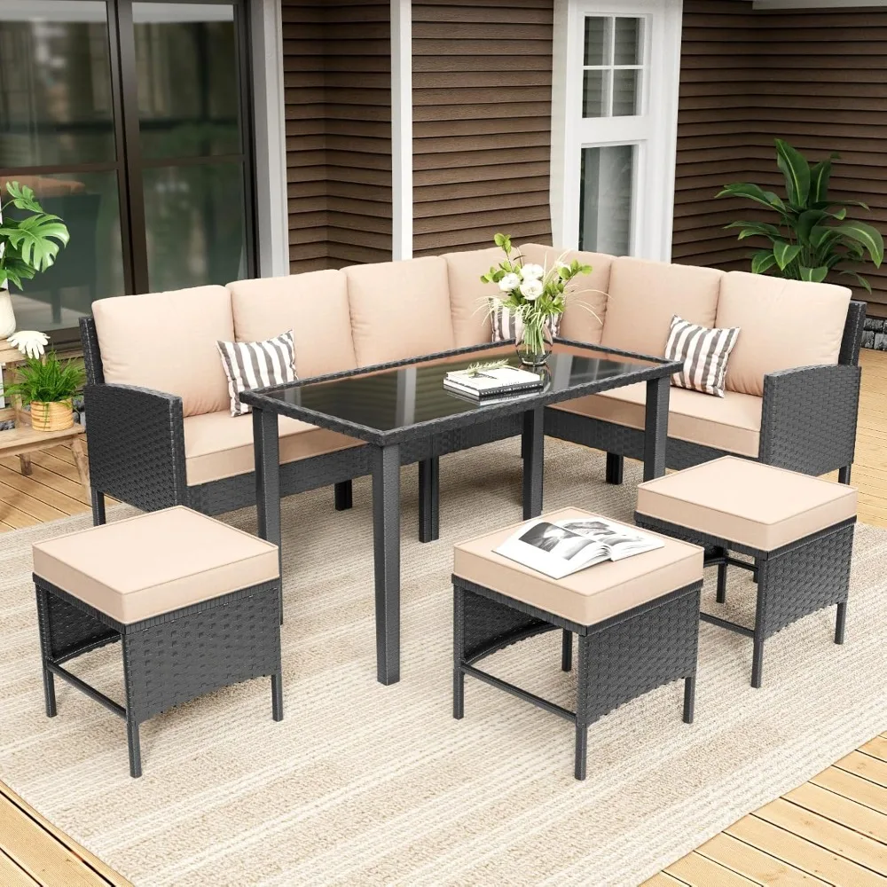

7-Piece Patio Furniture Set with Cushions and Pillows, Outdoor Wicker Sectional Sofa with Long Glass Coffee Table,