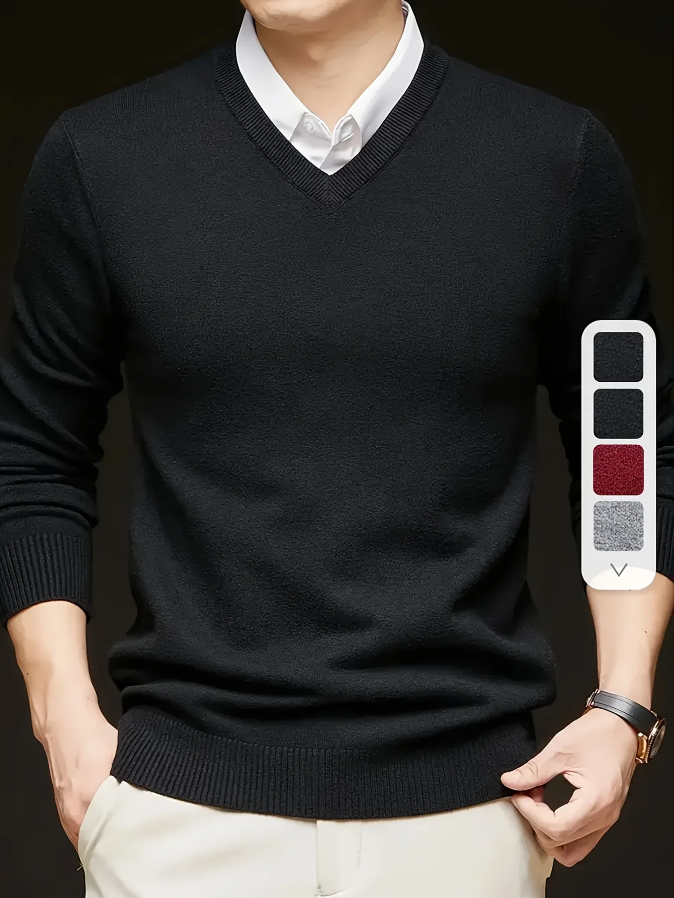 

LVLAEA Solid Color Men's Knitted Pullover - Autumn Winter Breathable Anti-wrinkle V-neck Long Sleeve Casual Lounge Shirt
