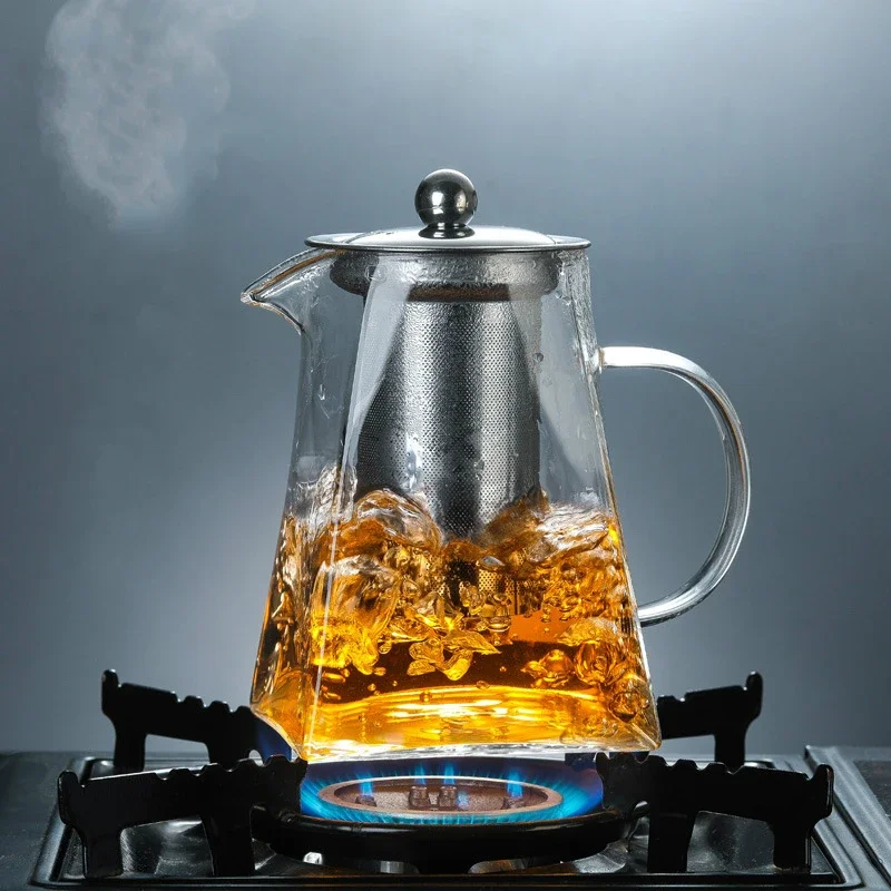 Heat-Resistant Glass Square Teapot with Stainless Steel Filter Baskets, Clear Kettle, Brewing Tea Pot, Heatable Pitcher, Jug