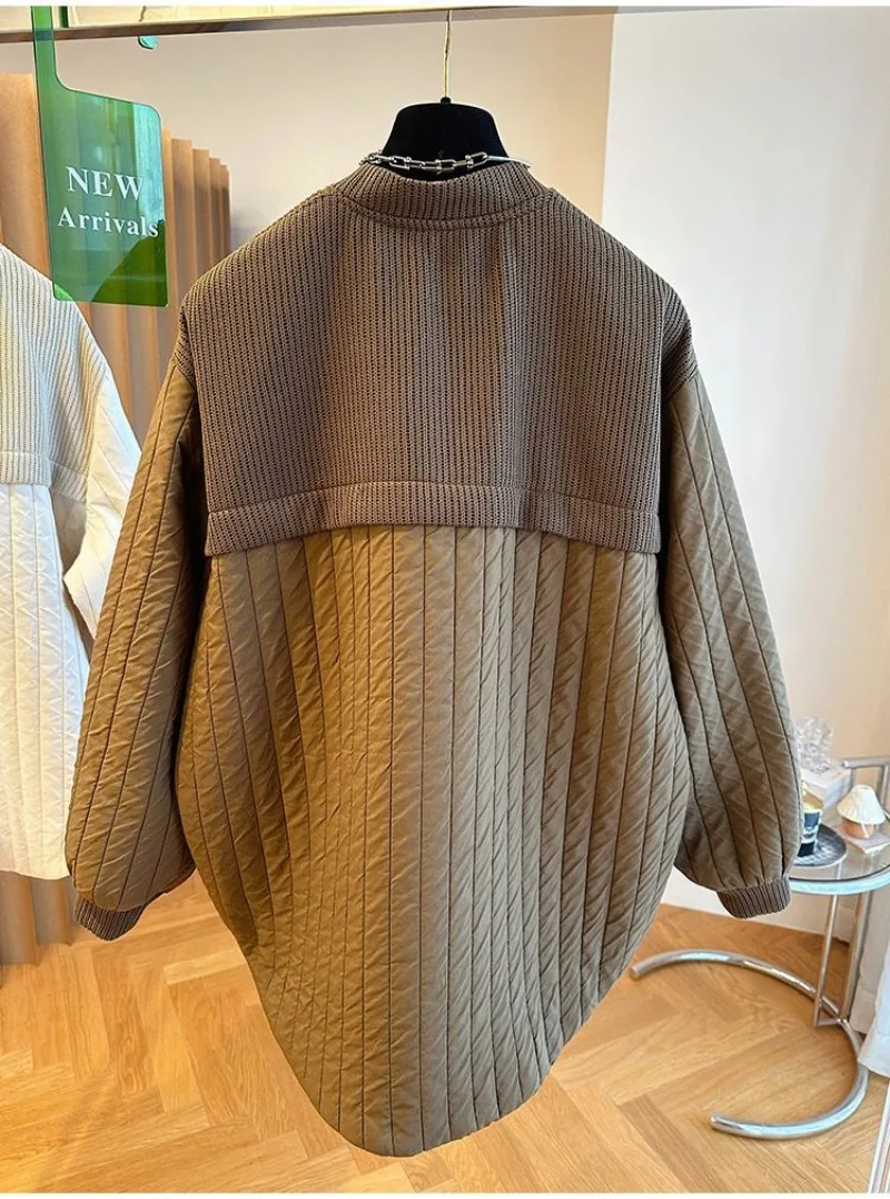 Autumn Winter New Cotton Clothes Women Fashion Single Breasted Loose Knitted Spliced Striped Cotton Coat Women Parkas