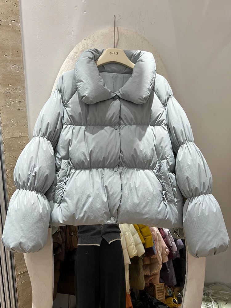 가을 겨울 신상 캔디 컬러 라펠 칼라 다운 재킷 여성용 달콤하고 귀여운 두꺼운 화이트 덕 다운 따뜻한 코트