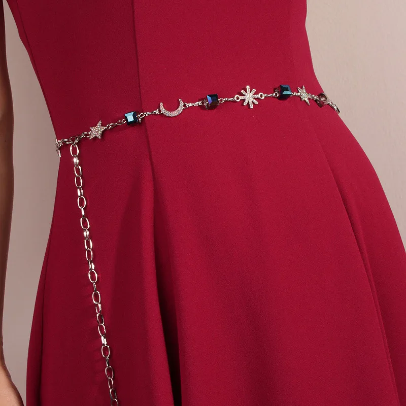 سلسلة خصر نسائية مزينة بالكريستال على شكل نجمة وقمر، مزينة بأحجار الراين والمعدن الأنيق