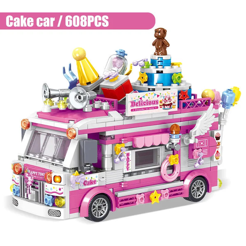 Street View Educational City Friends Ice Cream Truck Dining Car Mini Building Blocks Model Bricks Toys For Kids Girl Gifts