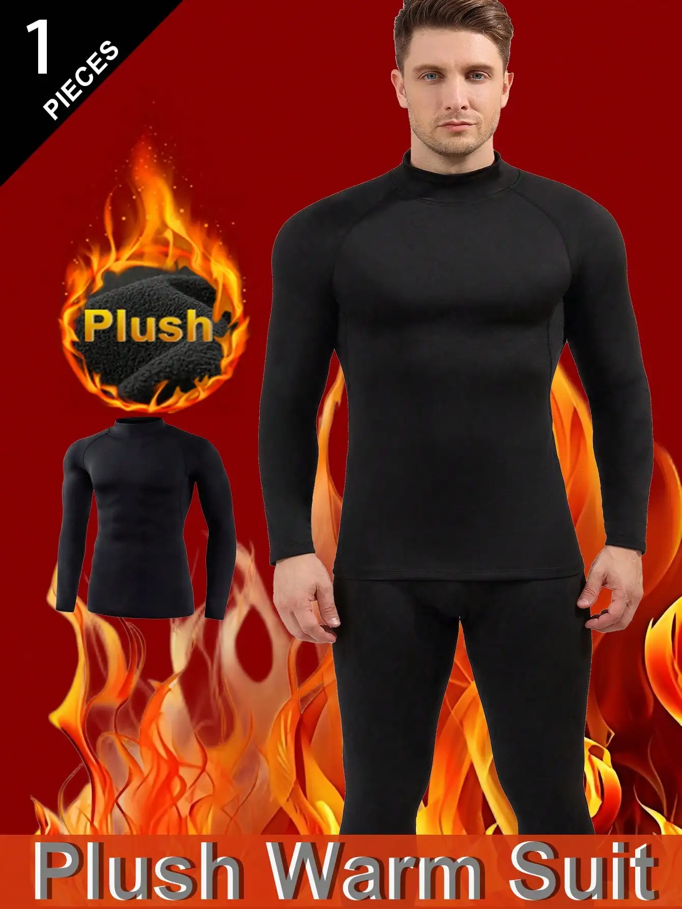 

Men's Plush-Lined Thermal Base Layer Top, Long Sleeve Turtleneck for Cold Weather