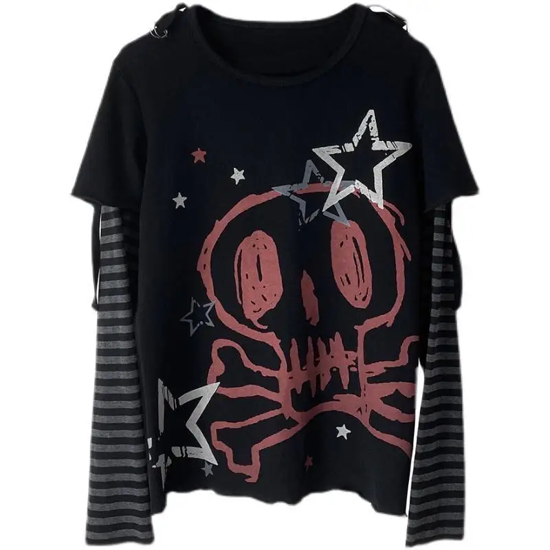 Herbst Winter Y2K Subculture T-shirt Langarm Faux Zwei Stück Harajuku Lose Punk Tees Casual Rock Emo Grunge Ästhetischen Tops