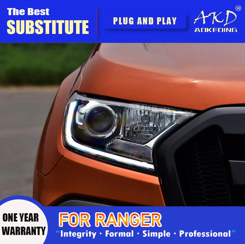 AKD Head Lamp for Ford Ranger LED Headlight 2016-2021 Headlights Ranger DRL Turn Signal High Beam Angel Eye Projector Lens