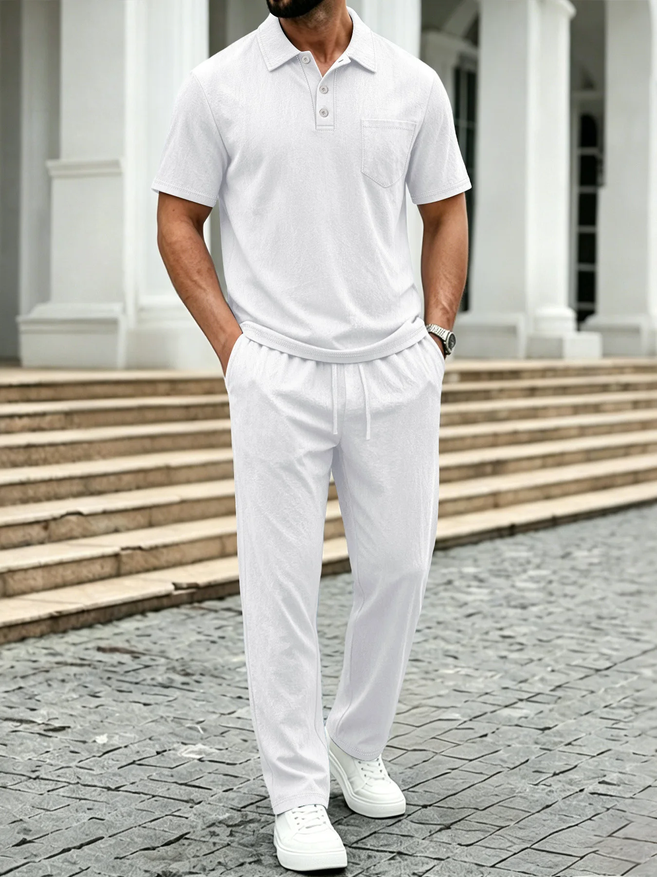 Casual Linen Short Sleeve  Shirt with Pocket And Straight Leg Pants Men's Summer Fashion Outfit Breathable Quick Dry Anti UV