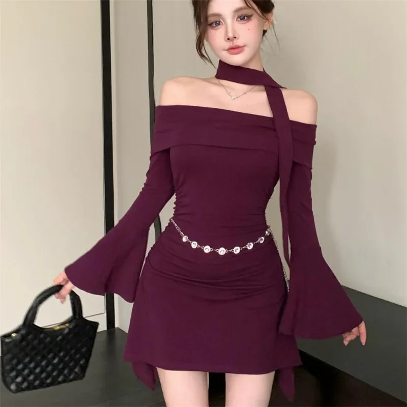 Black Purple Women Off Shoulder Short Irregular Dress Flare Sleeve Sexy Slash Neck A Line Mini Dress Chain Belt Bottoming Dress