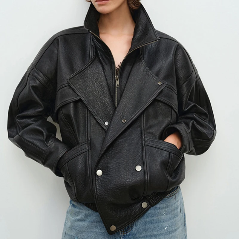 Brown Sheepskin Bubble Skin Coat Female Retro Double Layer Collar Double Breasted Zipper Loose Leather Jacket Winter Outerwear