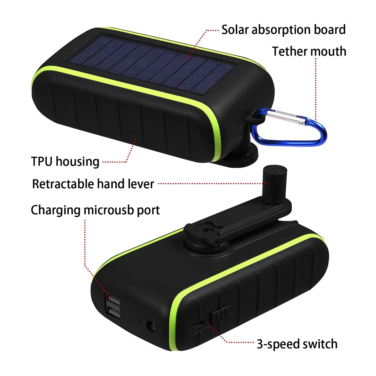 เครื่องชาร์จพลังงานแสงอาทิตย์, 8000mAh แบบพกพา Hand Crank เครื่องชาร์จโทรศัพท์ 2 พอร์ต USB Solar Power Bank พร้อมไฟฉาย LED, Carabiner