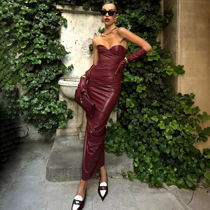 

SKMY 2024 Autumn Winter New Strapless Dress Solid Color Women Clothing Tight Leather Long Dresses Sexy Night Club Outfits