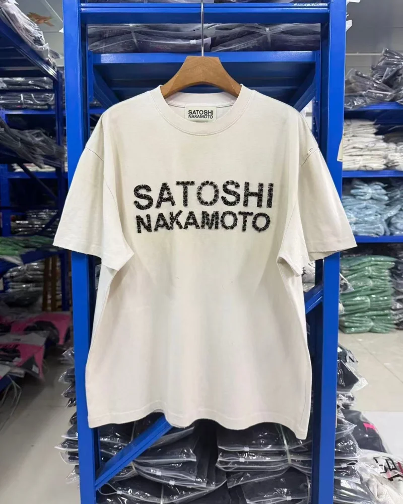 SATOSHI NAKAMOTO 26SS Men's Women's White Crew Neck Distressed Vintage New Loose-Fit Trendy Short-Sleeve T-Shirt — купить у AliExpress WW
