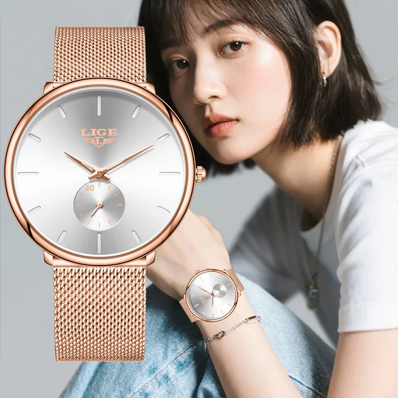 LIGE Elegant Ladies Watches Top Brand Luxury Round Rose Gold Ultra Thin Mesh Waterproof Quartz Watch For Women Relogio Feminino