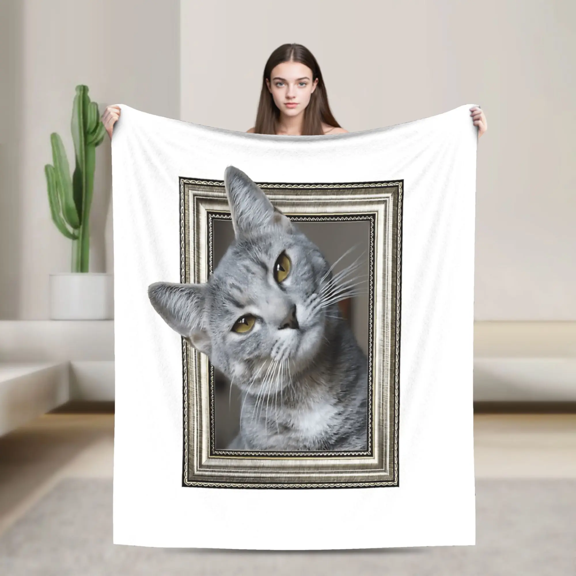 Cute Caroon Cat Portrait Photo Frame Art Blanket Comfortable  Throw Blanket Winter Adults Girls Bedroom Plane Travel Bedspread