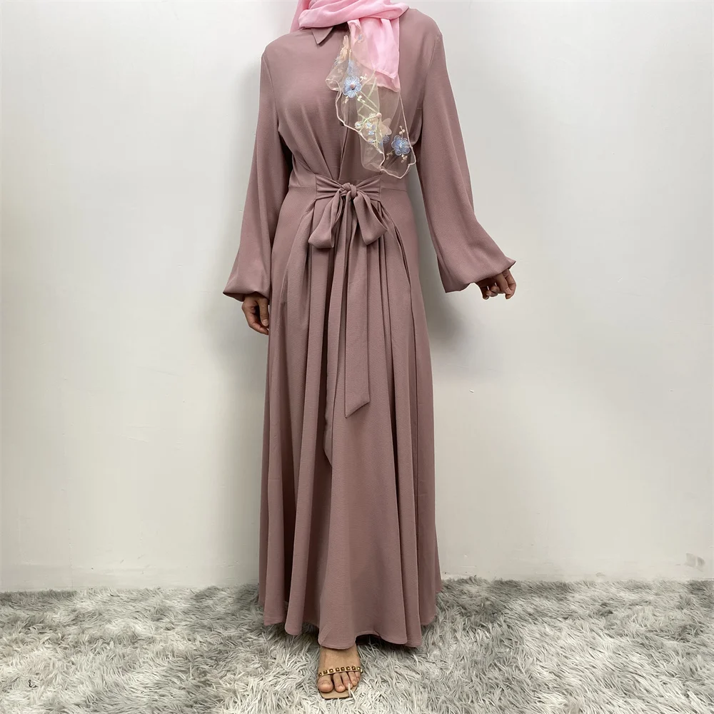 Muslim women summer hot sale chiffon dress Middle East Dubai Turkey solid color loose button elegant temperament dress with pock