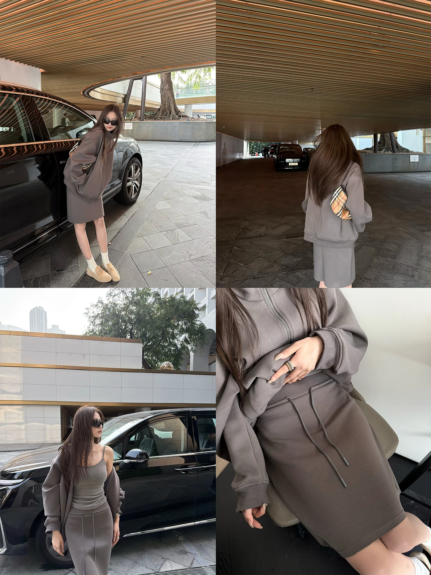 

Sli mat Loose David irt Stand Collar Spring Faion Set for Girls with Dstring Waist Midi Skirt Two Piece Set