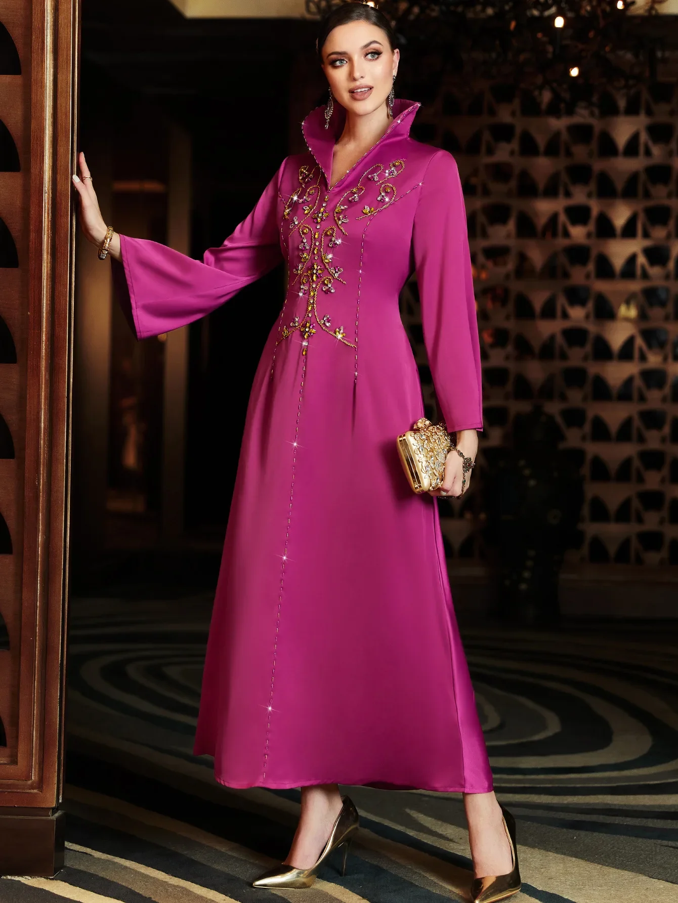

Ramadan Kaftan Moroccan Eid Muslim Dress Satin Abaya Diamond Women Arab Robe Evening Party Dresses Eid Jalabiya Caftan Vestidos