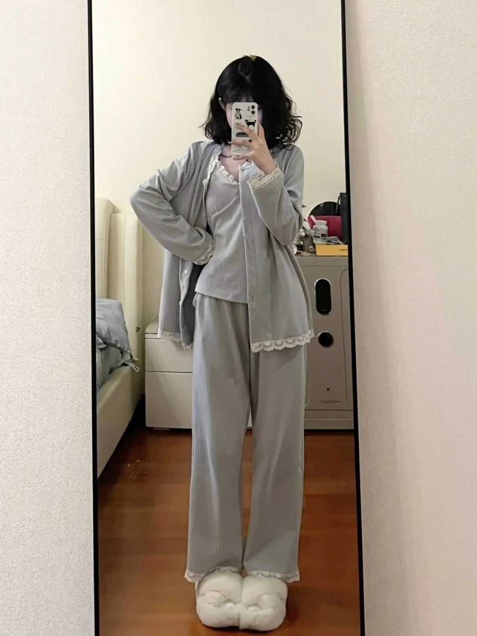 Y2K Harajuku style spicy girl lace vest cardigan pajamas Spring/Autumn retro solid color simple casual home three piece set emo