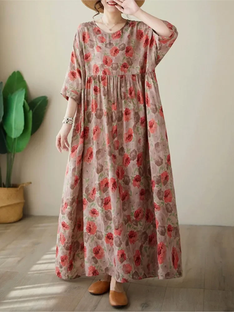 

Oversized Summer Long Bohemia Style Dress Women Flower Floral Print Ruffle Ladies Dresses Loose Pleated Casual Woman Dress