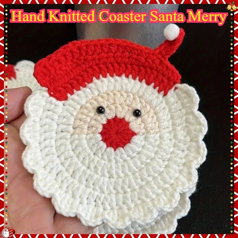 قاعدة كروشيه سانتا كلوز مصنوعة يدويًا - ديكور عيد الميلاد باللونين الأحمر والأبيض الاحتفالي، قاعدة شرب لإعداد طاولة العطلات