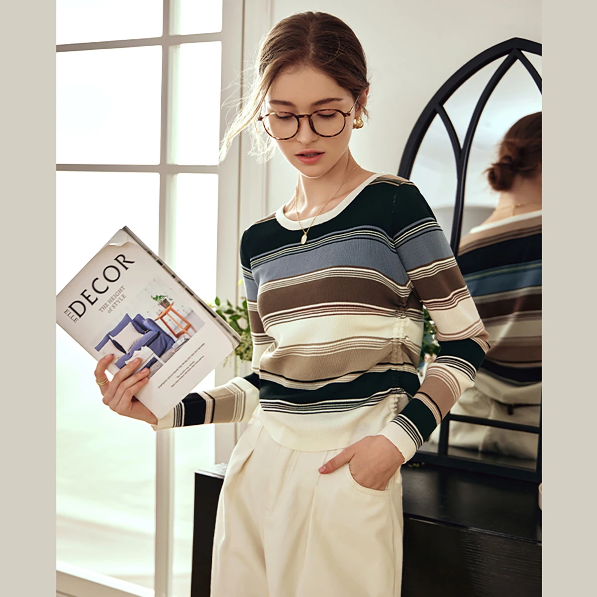 OLrain Woman Striped Sweaters Elegant Draw String O-neck Pullovers 2026 Spring Casual Lace-up Knitted Female Sweaters O24CZ85222
