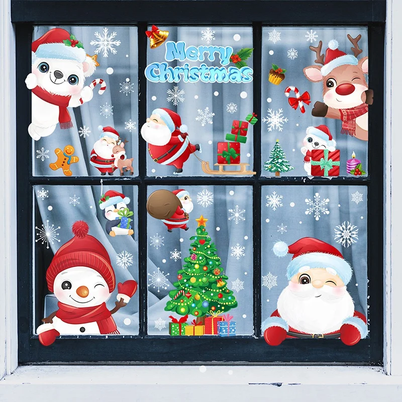 Christmas Snowflake Window Clings Stickers For Glass, Xmas Decals Decorations Holiday Snowflake Santa Reindeer Decals Durable