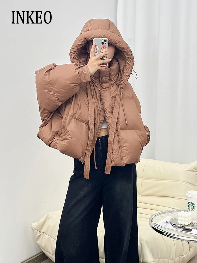 Korean style Lace up short down jacket for women 2023 Fall winter Oversized Hooded puffer coat Fluffy Solid Clothing INKEO 3O179