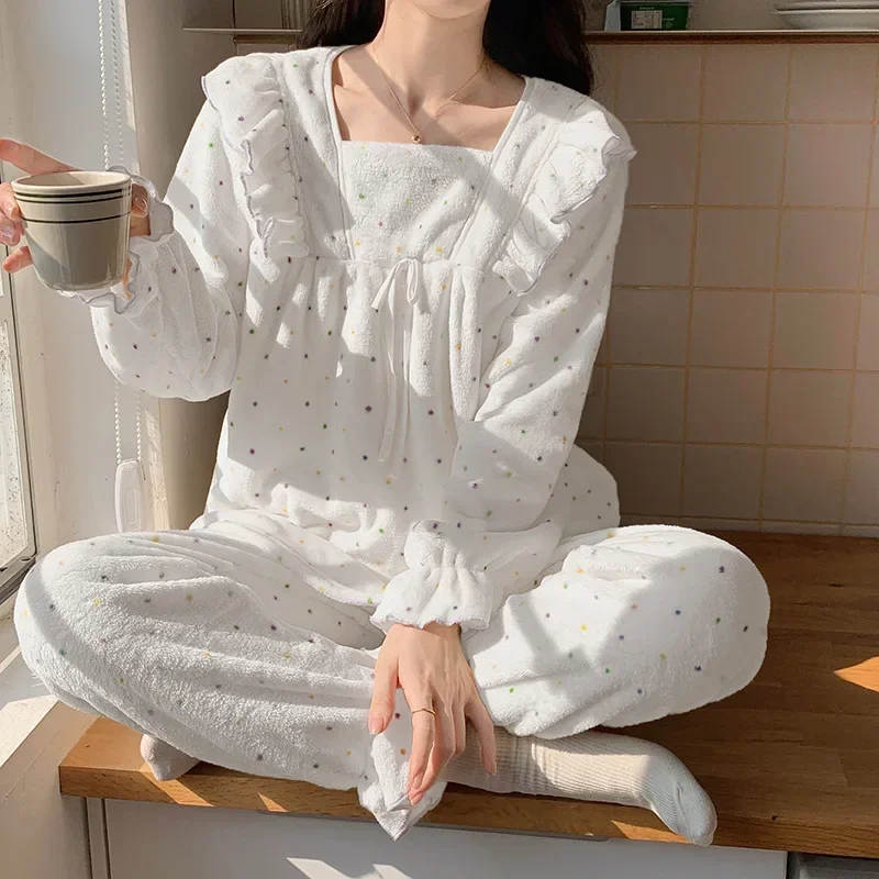 

Новая зимняя милая женская одежда для сна с квадратным воротником и узлом-бабочкой, бархатный комплект домашней одежды с молочным принтом, удобная домашняя одежда для сна