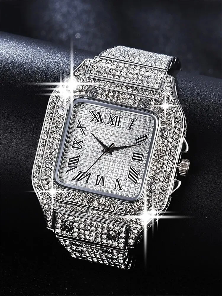 1pcs Fashion Business Calendar Men\'s Full Diamond Black Steel Band Quartz Watch