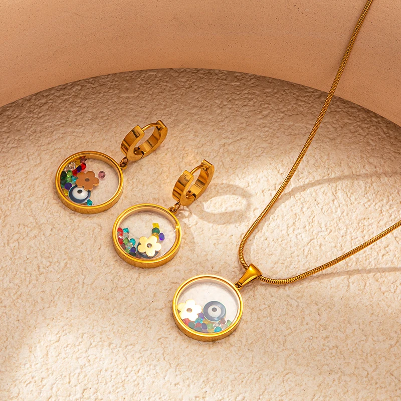 ANENJERY L316 Stainless Steel Colorful Stone Flower Round Pendant Necklace Earrings for Women Simple Unique Jewelry Set Gift