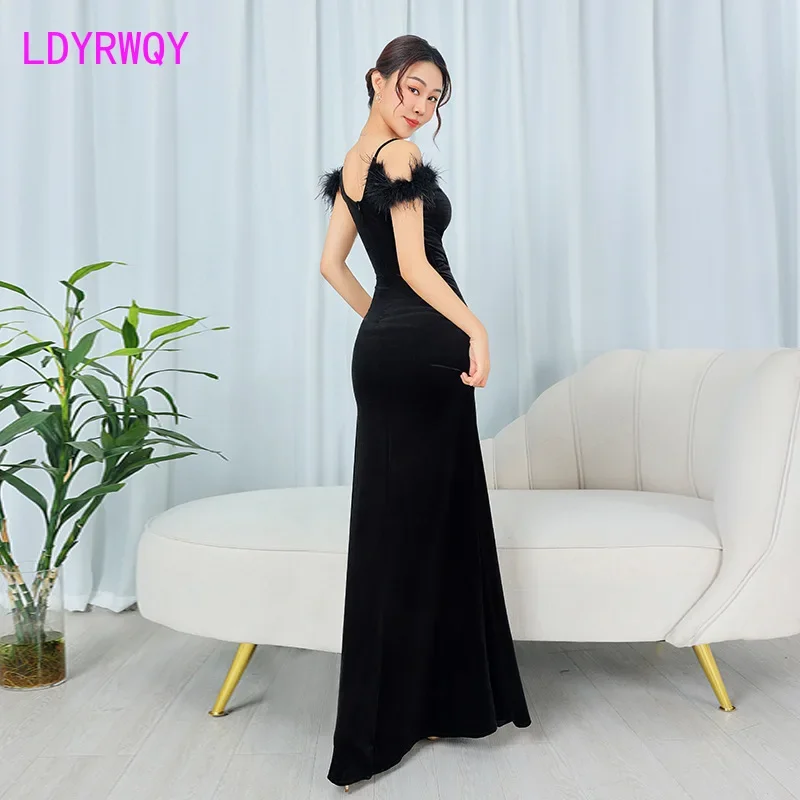 Evening Dress Female 2024 New Black High end Temperament Hairy Strap Tail Banquet Host