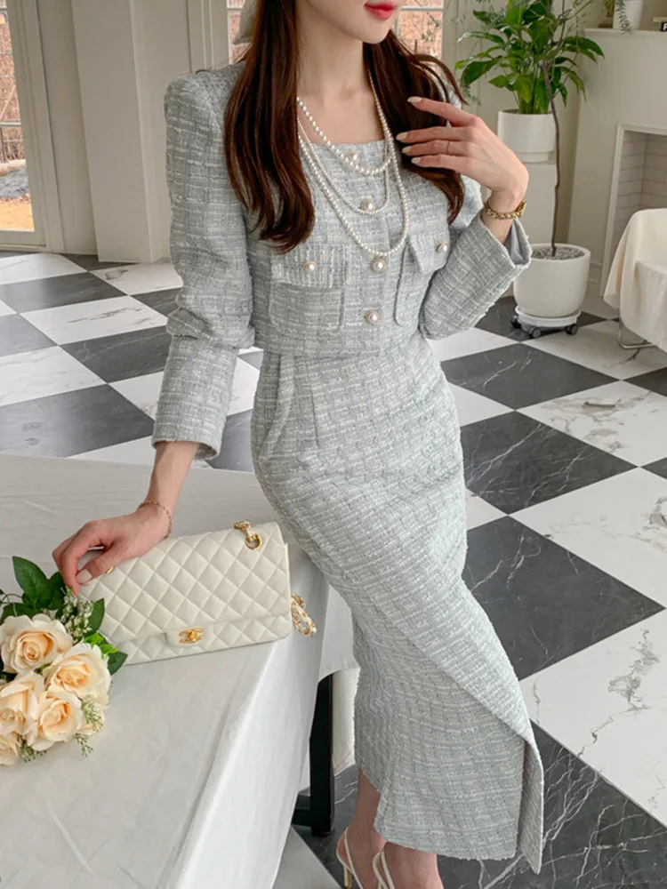 Wysokiej jakości koreański elegancki moda Tweed dwuczęściowy zestaw dla kobiet kurtka płaszcz + długa spódnica 2 wieloczęściowe kombinezony