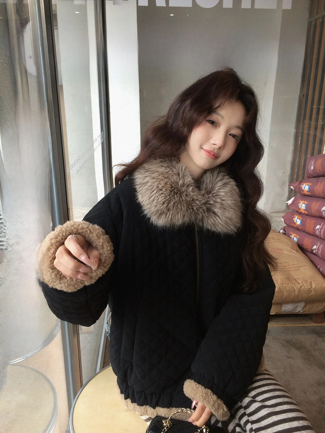 

Ibell Zhang Beibei Cusizable Quilted Cotton Jaet Women's Loose Fit Warm Slimming Retro Design Du down Collar Coat